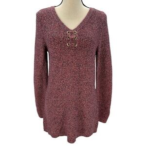 Charter Club Long Sleeve V-Neck Grommet Detail Tunic Sweater- Pink Blue - Medium